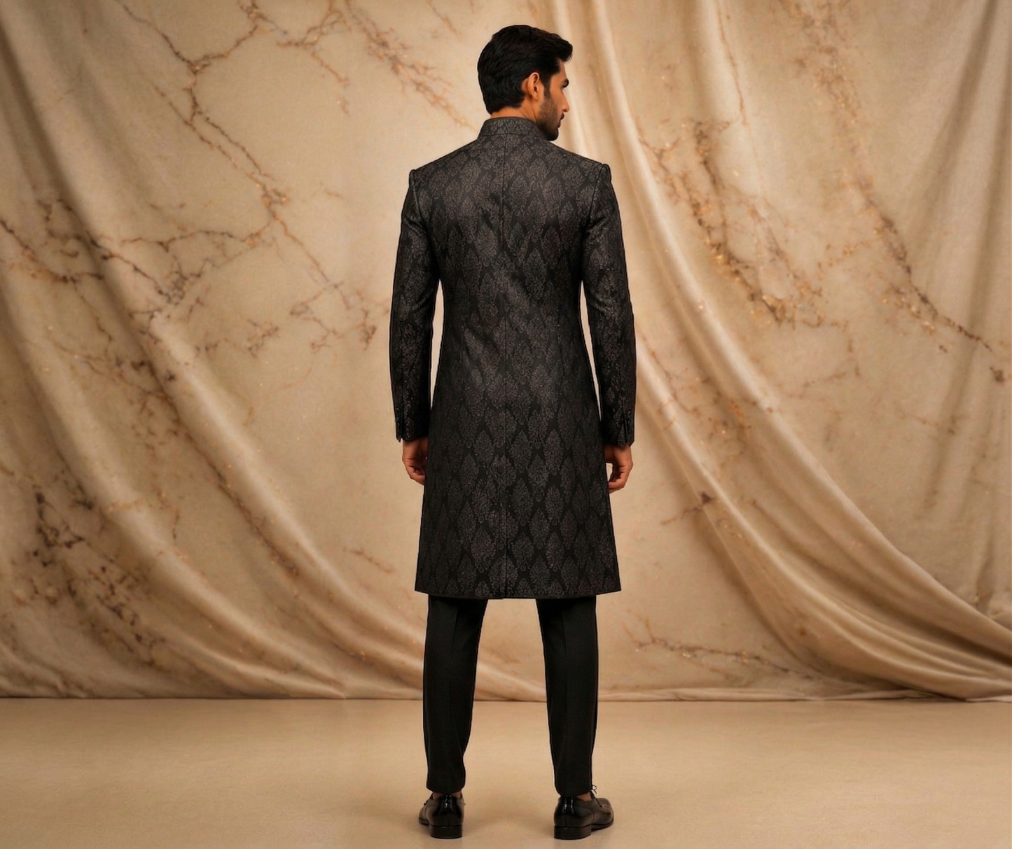 Black & Antique Gold Jamawar Prince Coat – Premium Men’s Wedding & Formal Wear | Attire By ABD