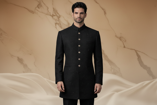 Black Premium Sequins Jamawar Hand-Embroidered Prince Coat for Men | Wedding & Formal Wear | Attire By ABD