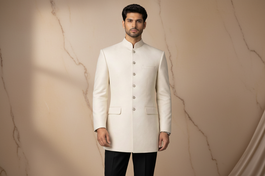 White Boski Jamawar Prince Coat for Men | Luxury Wedding & Formal Wear | Attire By ABD