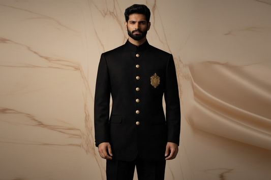 Classic Black Jamawar Prince Coat with Antique Gold Tilla Work for Men | Wedding & Formal Wear | Attire By ABD