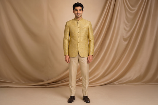 Light Golden Jamawar Prince Coat for Men | Skin Embroidery Wedding & Formal Wear | Attire By ABD
