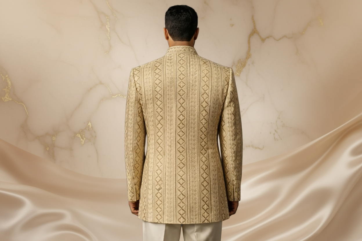Ivory Gold Jacquard Silk Blend Prince Coat for Men – Luxury Wedding & Formal Wear – Attire By ABD