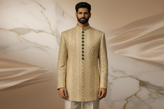 Ivory Gold Jacquard Silk Blend Prince Coat for Men – Luxury Wedding & Formal Wear – Attire By ABD