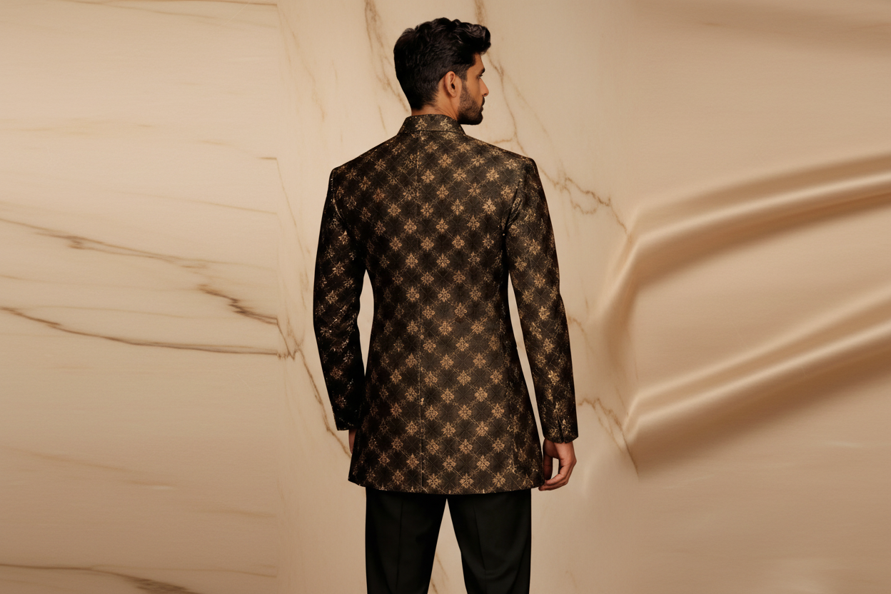 Black & Gold Embroidered Jamawar Prince Coat for Men – Premium Wedding & Formal Wear | Attire By ABD