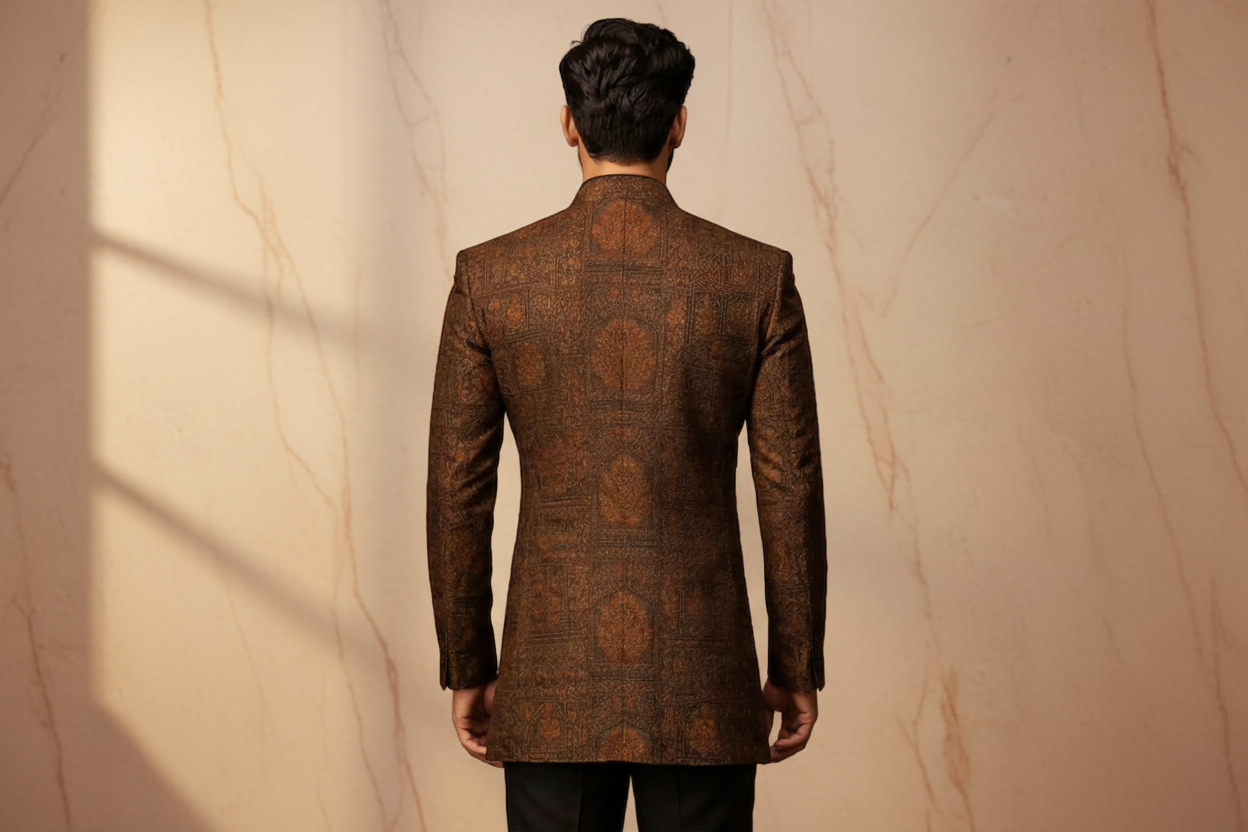 Multi-Embroidered Sequins Jamawar Prince Coat for Men – Premium Wedding & Formal Wear | Attire By ABD