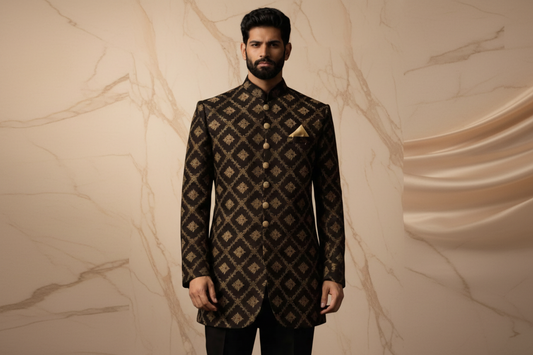 Black Jamawar Prince Coat with Antique Gold Embroidery Men | Wedding & Formal Wear | Attire By ABD