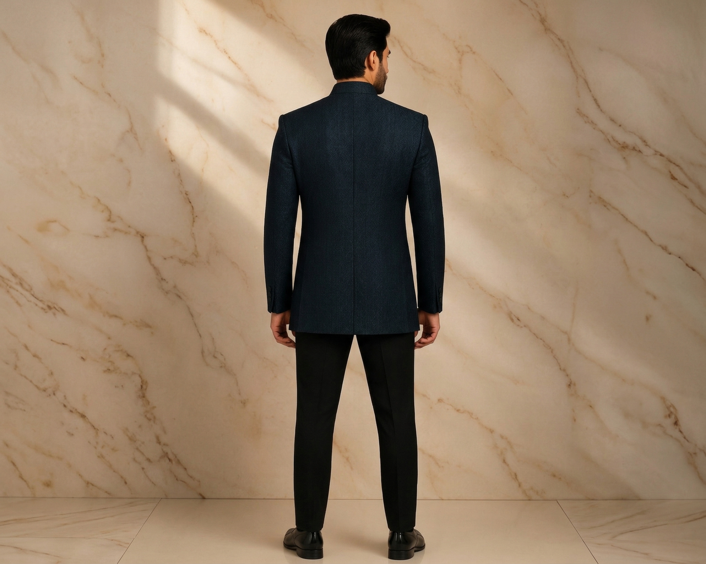 Dark Blue Embroidered Jamawar Prince Coat for Men – Premium Wedding & Formal Wear | Attire By ABD