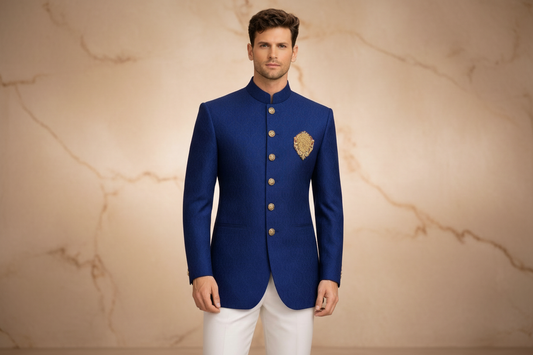 Light Blue Hand Embroidered Jamawar Prince Coat for Men | Wedding Wear | Attire By ABD