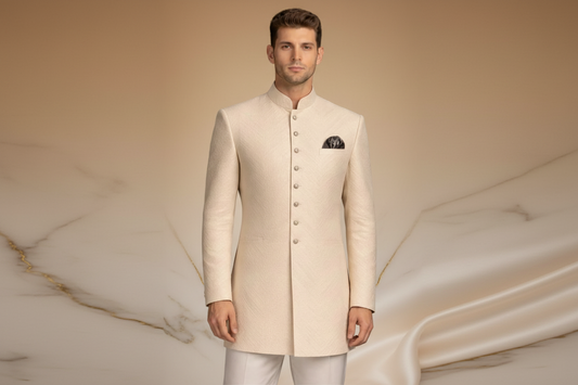 Ivory / Off-White Jamawar Prince Coat with Silver Embroidery for Men | Wedding & Formal Wear | Attire By ABD