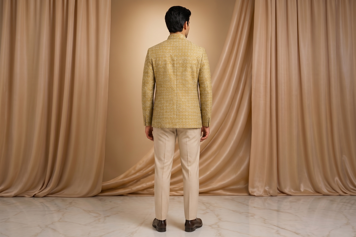 Light Mehndi Jamawar Silk Prince Coat for Men | Embroidered Wedding Wear | Attire By ABD