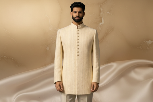 Off-White & Cream Brocade Jacquard Prince Coat for Men | Wedding & Formal Wear | Attire By ABD