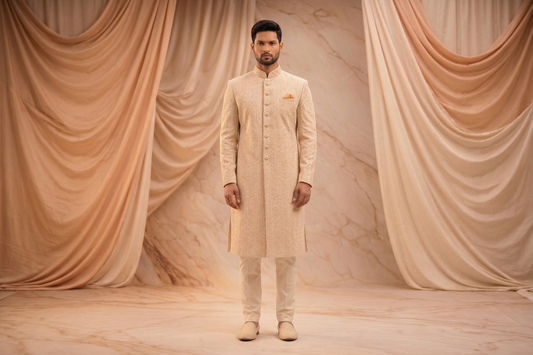 Ivory Gold Textured Jacquard Prince Coat for Men – Luxury Wedding Wear | Attire By ABD