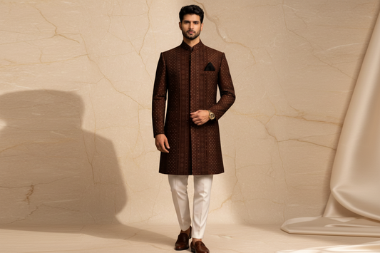 Dark Maroon/Brown Silk Brocade Prince Coat for Men – Premium Wedding & Formal Wear | Attire By ABD