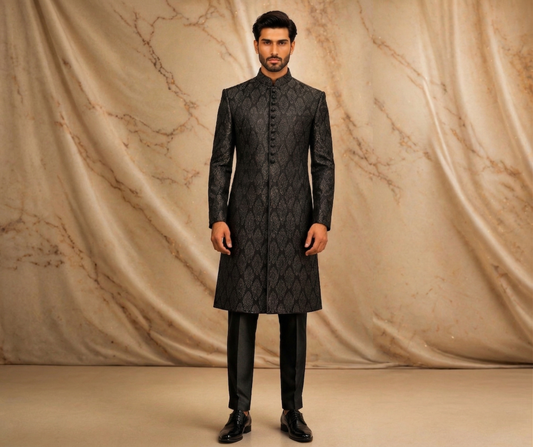 Black & Antique Gold Jamawar Prince Coat – Premium Men’s Wedding & Formal Wear | Attire By ABD