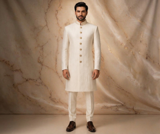 Off White Textured Jacquard Prince Coat for Men – Premium Wedding & Formal | Attire By ABD