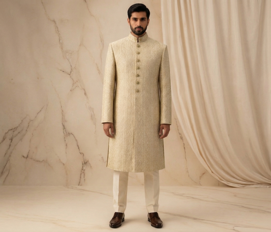 Champagne Gold Textured Jacquard Prince Coat for Men – Luxury Wedding & Formal Wear | Attire By ABD