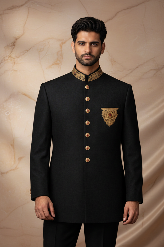 Black Hand Embroidered Jamawar Prince Coat for Men | Luxury Wedding Wear | Attire By ABD
