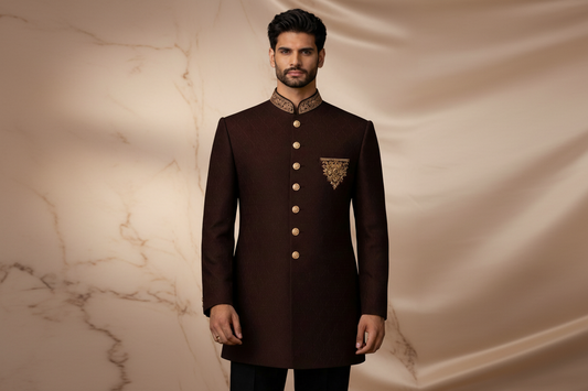 Dark Maroon Hand-Embroidered Jamawar Prince Coat for Men – Elegant Wedding & Formal Wear | Attire By ABD