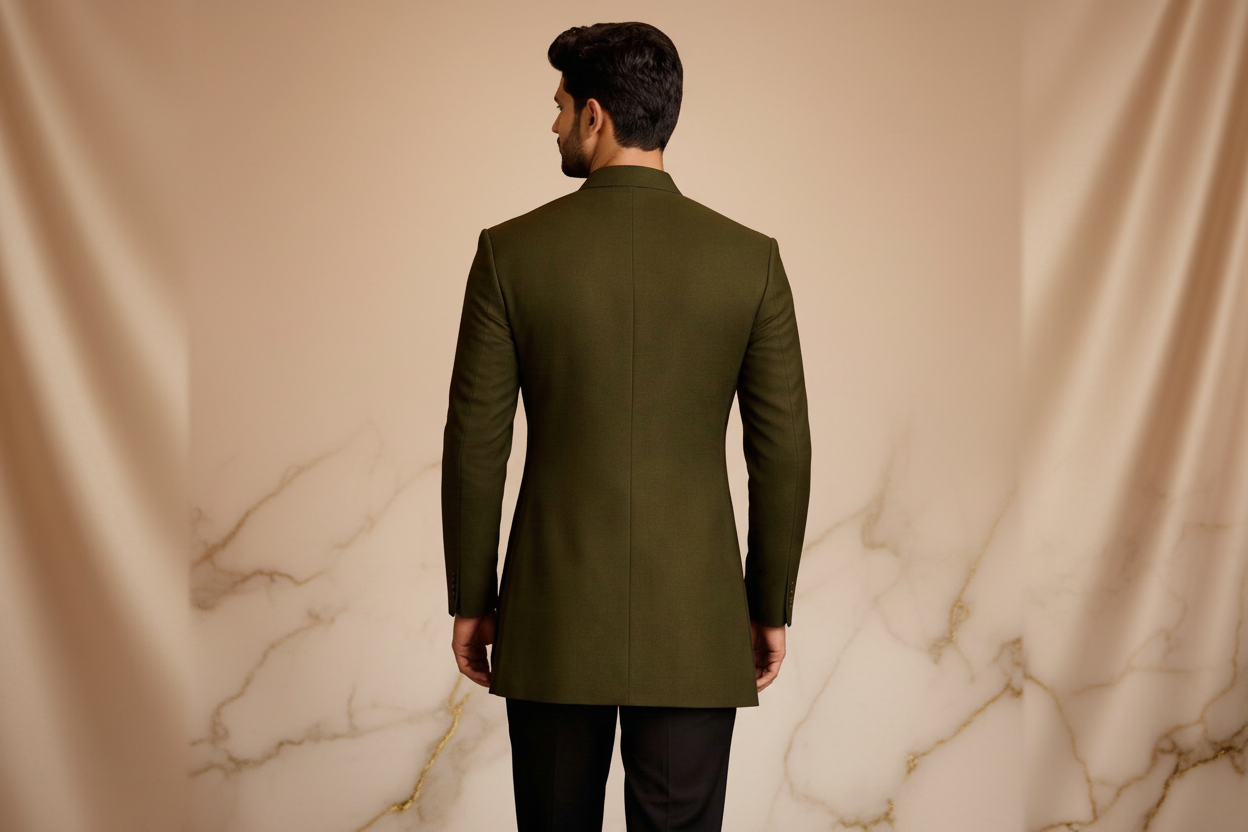 Dark Green Matte Silk Jacquard Prince Coat for Men – Premium Wedding & Formal Wear | Attire By ABD