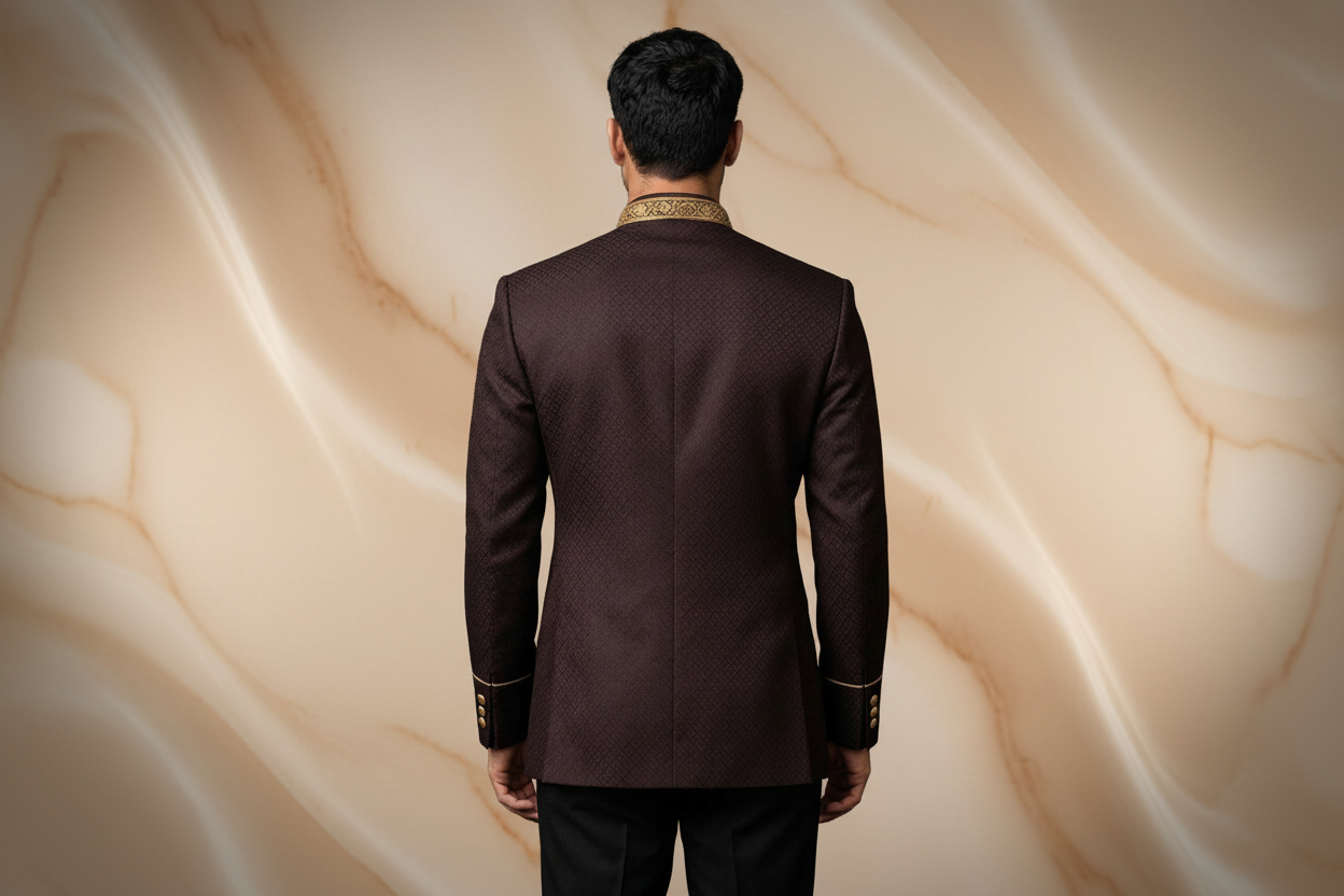 Dark Maroon Hand-Embroidered Jamawar Prince Coat for Men – Elegant Wedding & Formal Wear | Attire By ABD