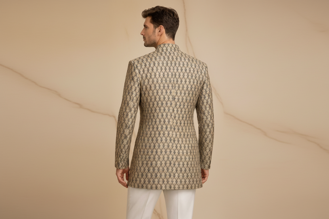 Black Antique Gold Brocade Silk Prince Coat for Men | Skin Embroidery Wedding Wear | Attire By ABD
