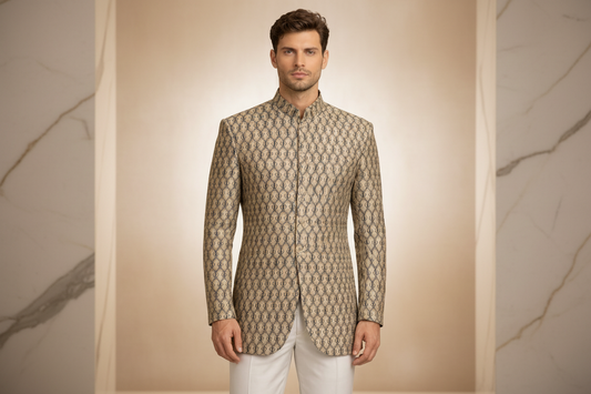 Black Antique Gold Brocade Silk Prince Coat for Men | Skin Embroidery Wedding Wear | Attire By ABD