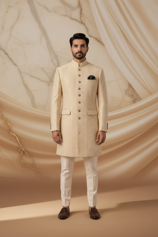 Ivory / Off-White Jacquard Silk Blend Prince Coat for Men | Luxury Wedding & Formal Wear | Attire By ABD