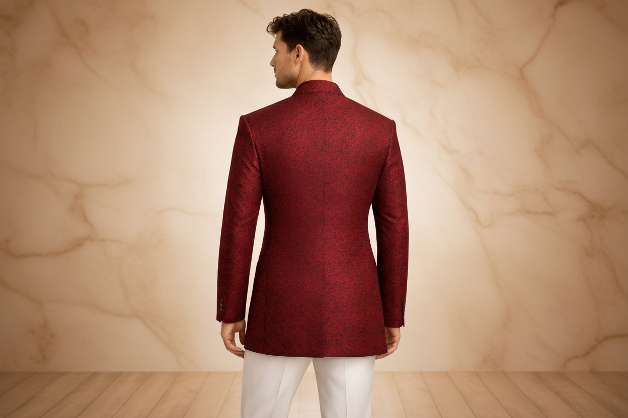 Deep Maroon Jamawar Prince Coat for Men | Embroidered Wedding & Formal Wear | Attire By ABD