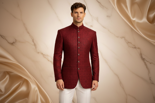 Deep Maroon Jamawar Prince Coat for Men | Embroidered Wedding & Formal Wear | Attire By ABD