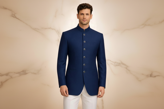 Deep Navy Blue Jamawar Prince Coat for Men | Luxury Wedding & Formal Wear | Attire By ABD
