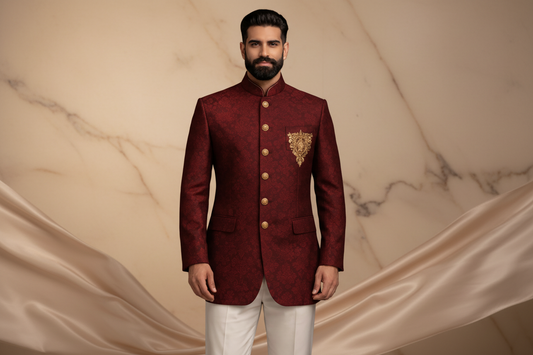 Deep Maroon Jamawar Prince Coat with Copper Tilla Hand Embroidery for Men | Wedding & Formal Wear | Attire By ABD