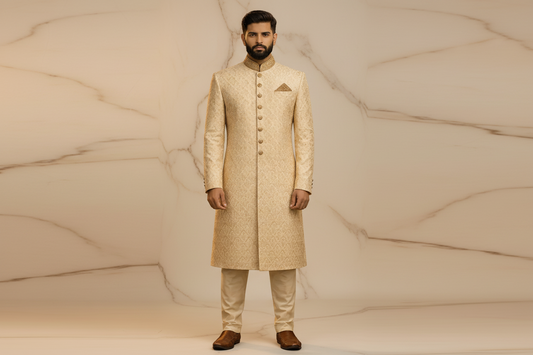 Ivory Champagne Beige Jamawar Prince Coat for Men | Luxury Wedding & Formal Wear | Attire By ABD