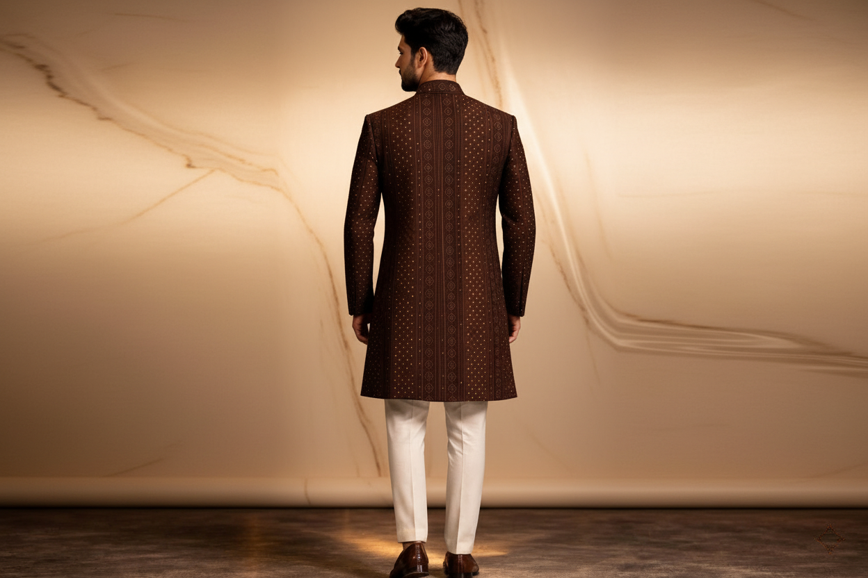 Dark Maroon/Brown Silk Brocade Prince Coat for Men – Premium Wedding & Formal Wear | Attire By ABD