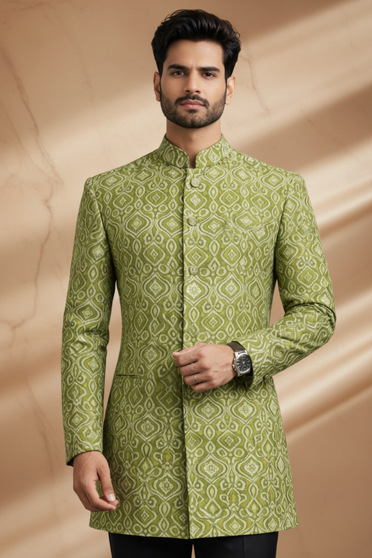 Dark Mehndi Jamawar Prince Coat with Skin Embroidery for Men | Wedding Wear | Attire By ABD