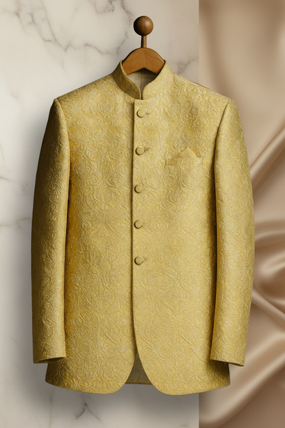 Light Golden Jamawar Prince Coat for Men | Skin Embroidery Wedding & Formal Wear | Attire By ABD