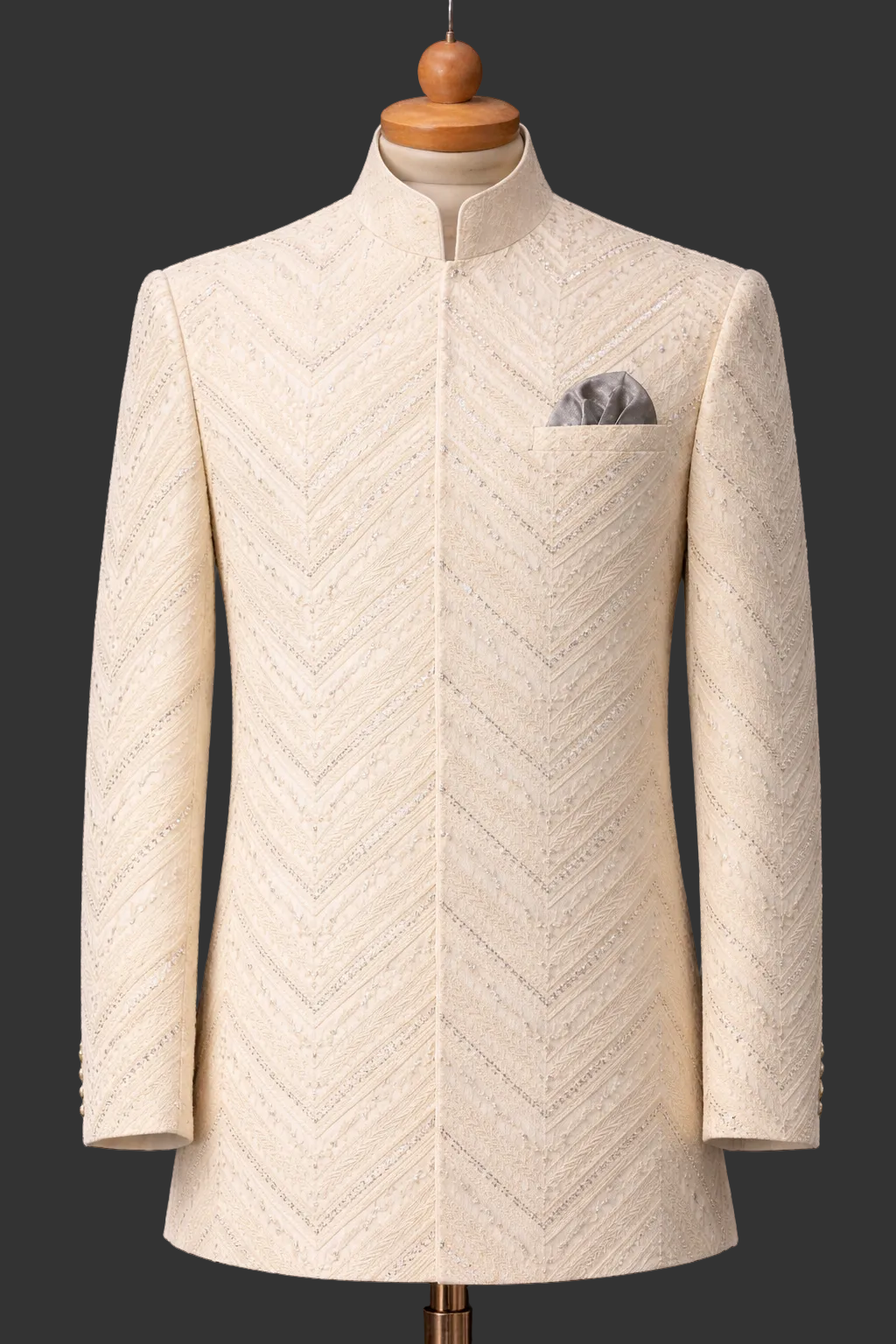 Ivory / Off-White + Silver Embroidery Jamawar fabrics prince coat for men