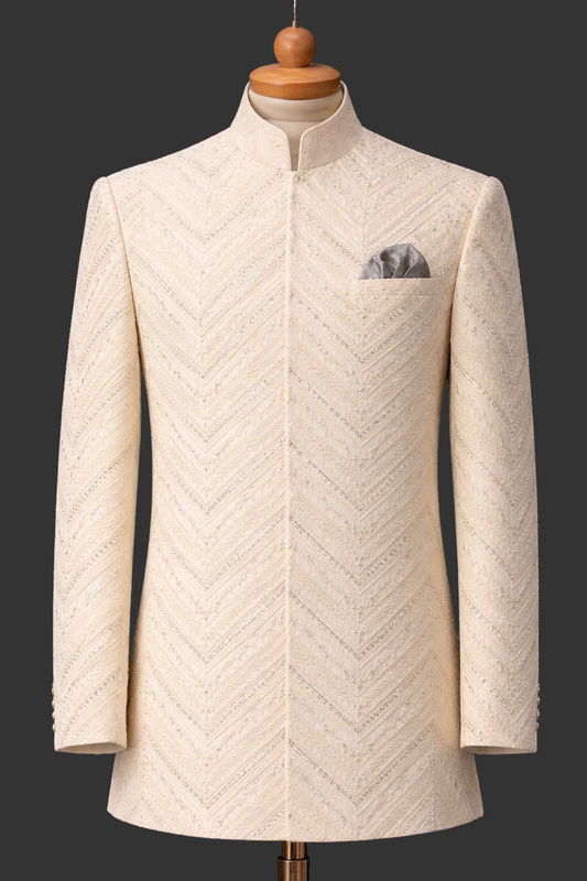 Ivory / Off-White + Silver Embroidery Jamawar fabrics prince coat for men