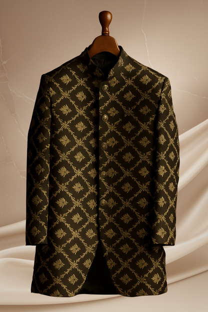 Black & Gold Embroidered Jamawar Prince Coat for Men – Premium Wedding & Formal Wear | Attire By ABD