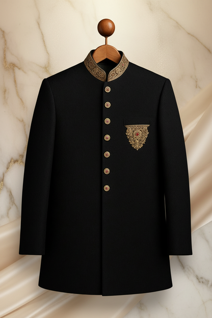 Black Hand Embroidered Jamawar Prince Coat for Men | Luxury Wedding Wear | Attire By ABD
