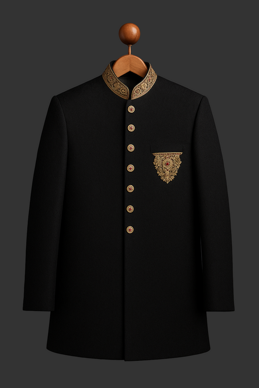 Black jamawar Hand Embriodered fabrics prince coat for men