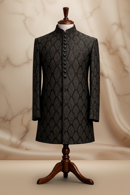 Black & Antique Gold Jamawar Prince Coat – Premium Men’s Wedding & Formal Wear | Attire By ABD