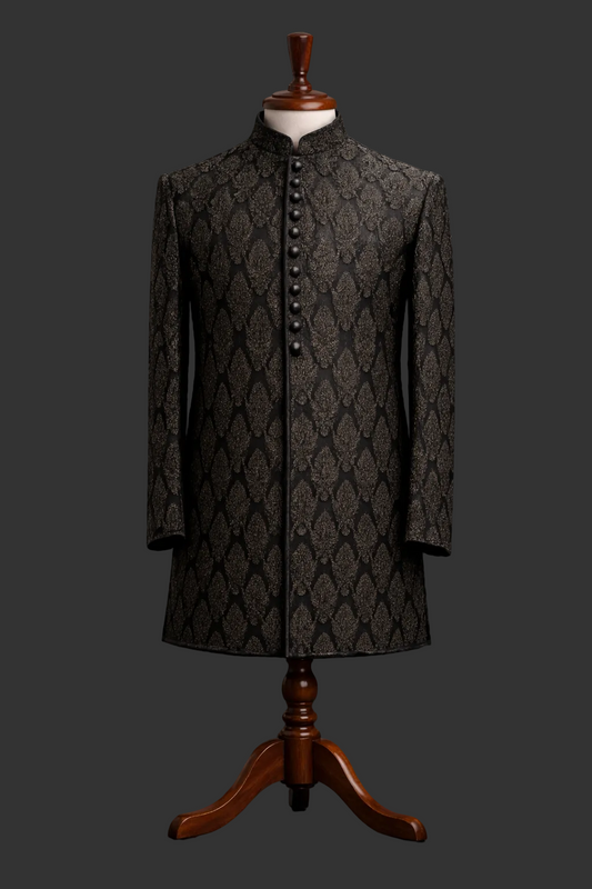 Black & Antique Gold Jamawar Prince Coat – Premium Men’s Wedding & Formal Wear | Attire By ABD