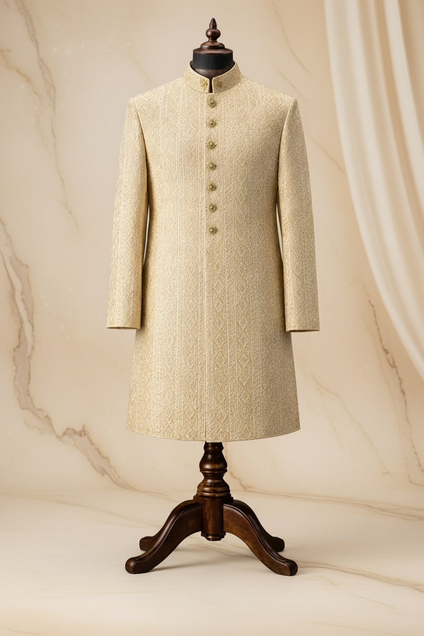 Champagne Gold Textured Jacquard Prince Coat for Men – Luxury Wedding & Formal Wear | Attire By ABD