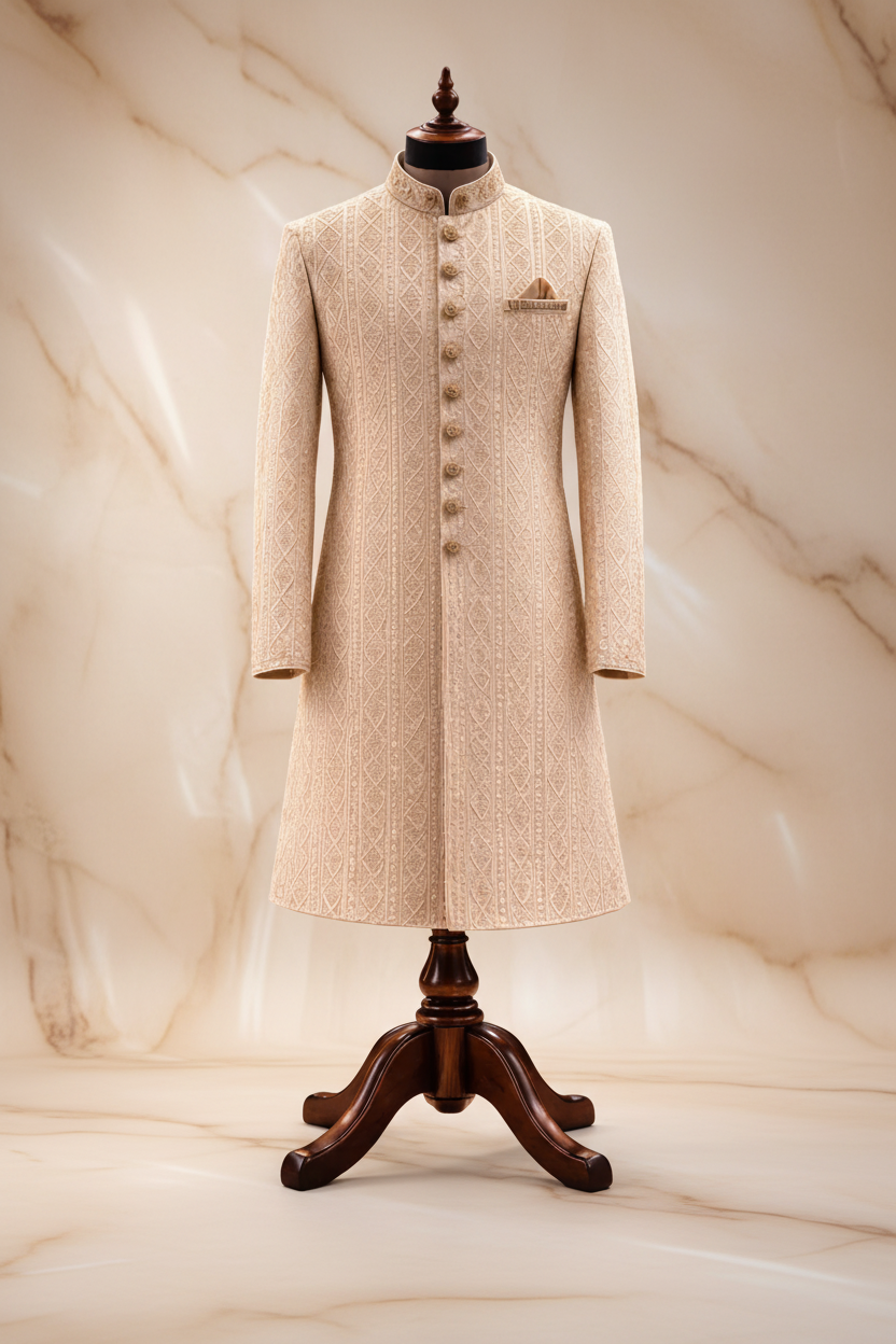 Ivory Gold Textured Jacquard Prince Coat for Men – Luxury Wedding Wear | Attire By ABD