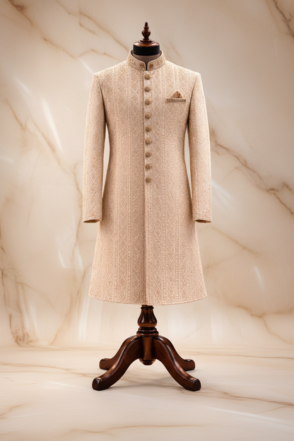 Ivory Gold Textured Jacquard Prince Coat for Men – Luxury Wedding Wear | Attire By ABD
