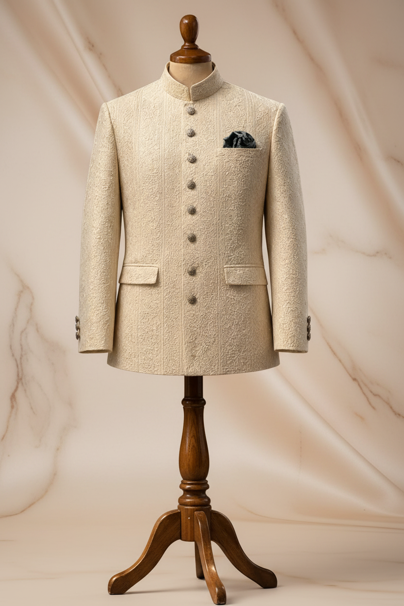 Ivory / Off-White Jacquard Silk Blend Prince Coat for Men | Luxury Wedding & Formal Wear | Attire By ABD