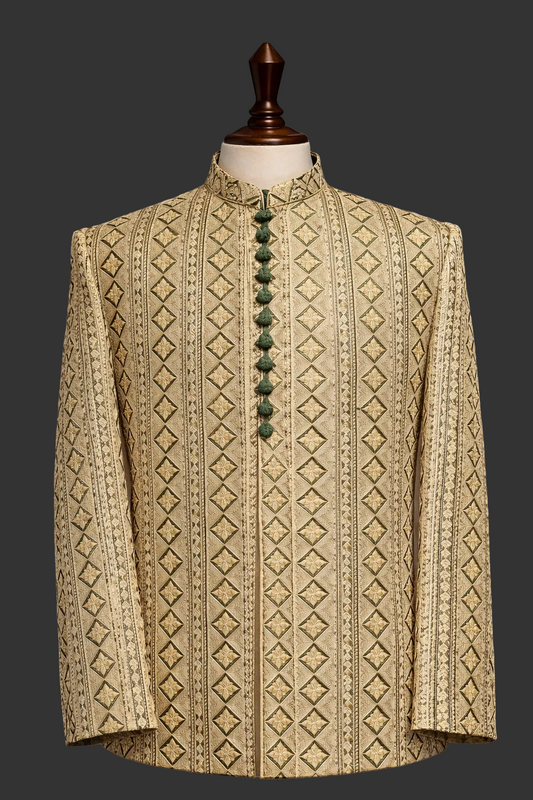 Ivory Gold Jacquard Silk Blend Prince Coat for Men – Luxury Wedding & Formal Wear