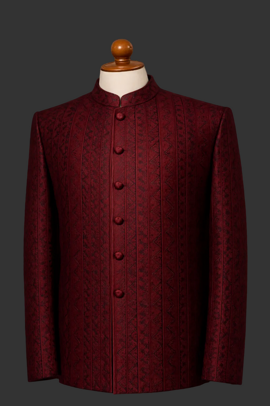 9mm Maroon Embroidered Jamawar Prince Coat for Men | Wedding & Formal Wear