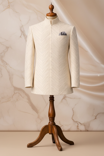 Ivory / Off-White Jamawar Prince Coat with Silver Embroidery for Men | Wedding & Formal Wear | Attire By ABD