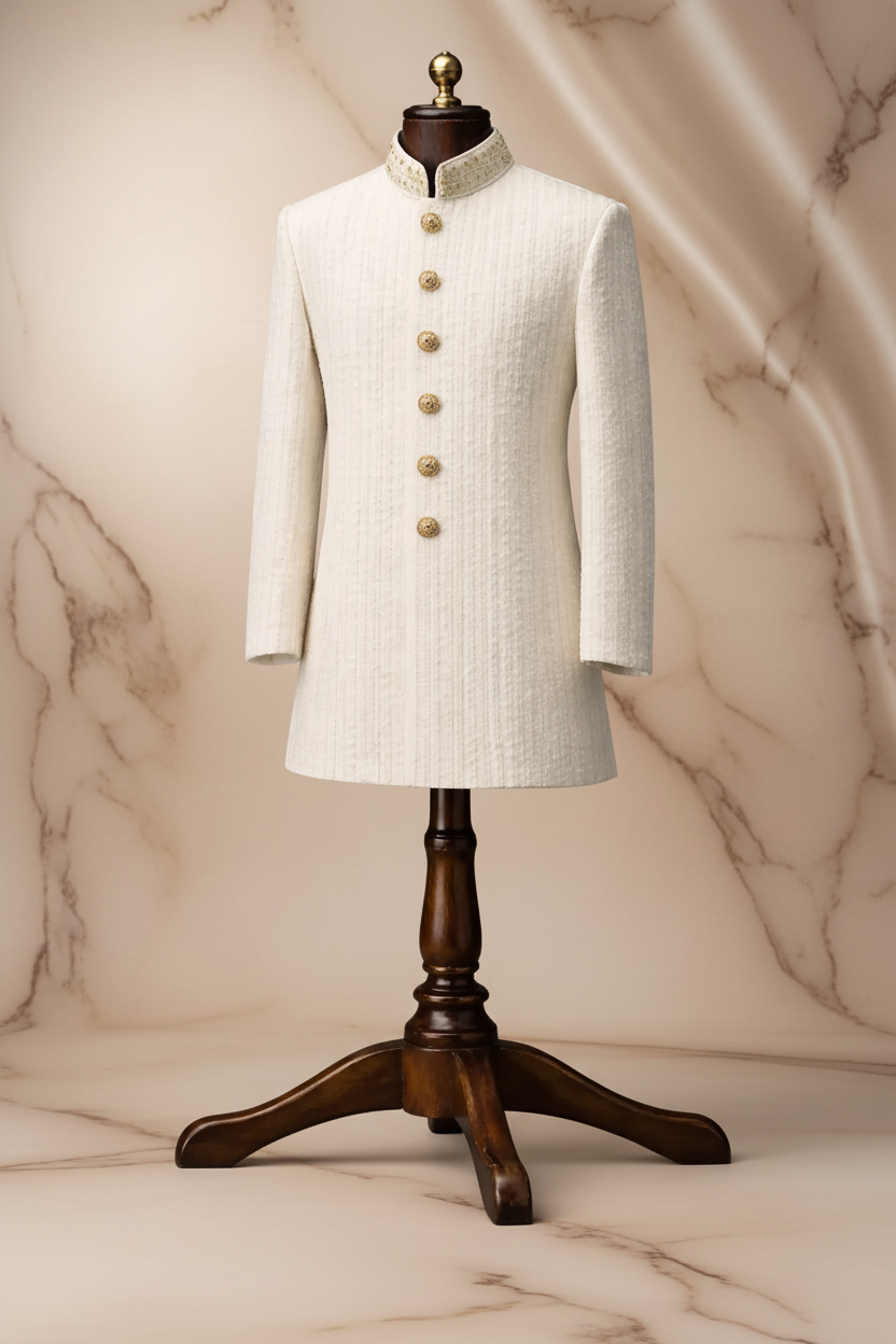 Off White Textured Jacquard Prince Coat for Men – Premium Wedding & Formal | Attire By ABD